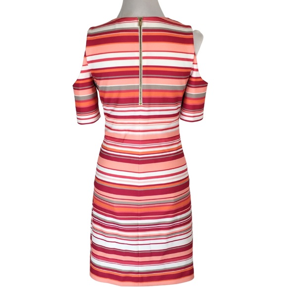 Calvin Klein HIBISCUS Pink Orange Striped Cold Shoulder A-Line Midi Dress size 6 - Picture 11 of 16